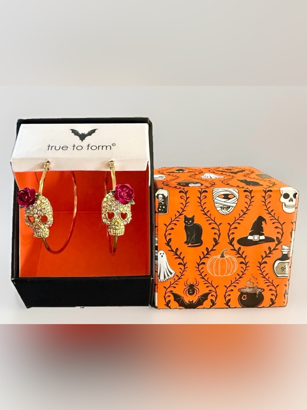True to Form Sugar Skull Rhinestone Hoop Earrings NWT